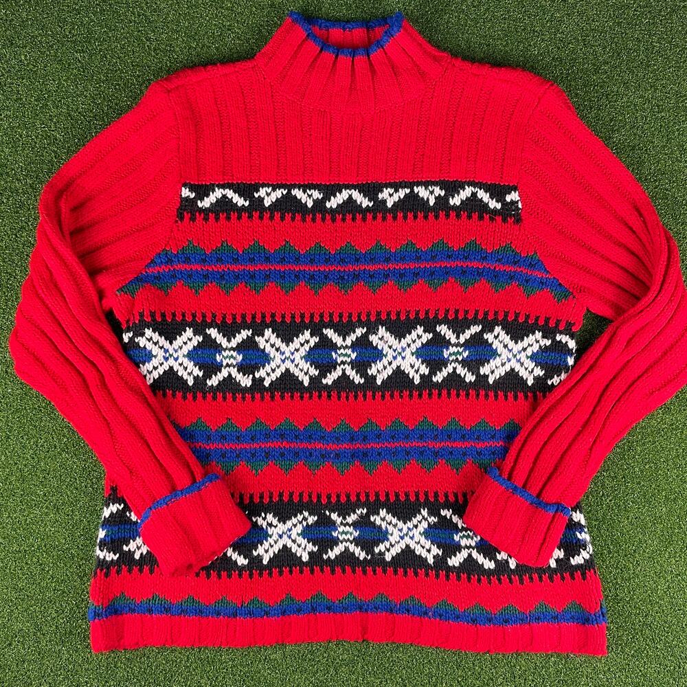 Vintage Russ Red Nordic Fair Isle Ski Lodge Turtleneck Chunky Knit Sweater Sz XL